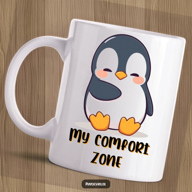Funny Penguin Mug showing a shy penguin giving a comforting pat, perfect for a warm and gentle soul, spreading cheer.