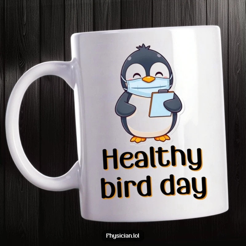 Funny Penguin Mask Mug showing a happy penguin wearing a protective mask and holding a clipboard, ready for tasks.