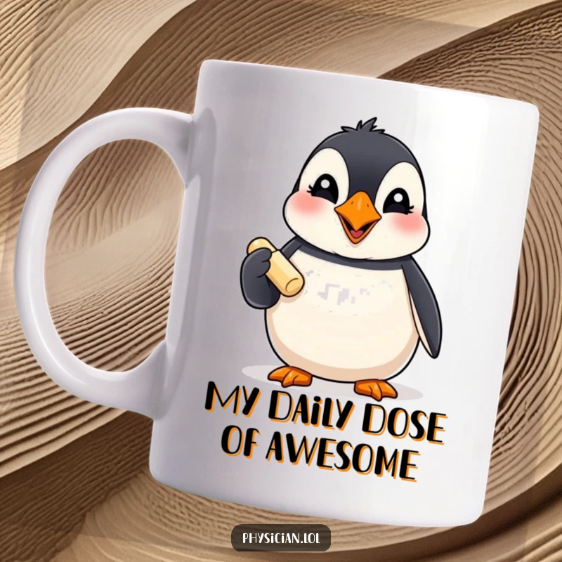 Funny Puffin Mug: A giggling puffin happily offers a small pill, conveying a playful and humorous gesture for any doctor or bird lover.