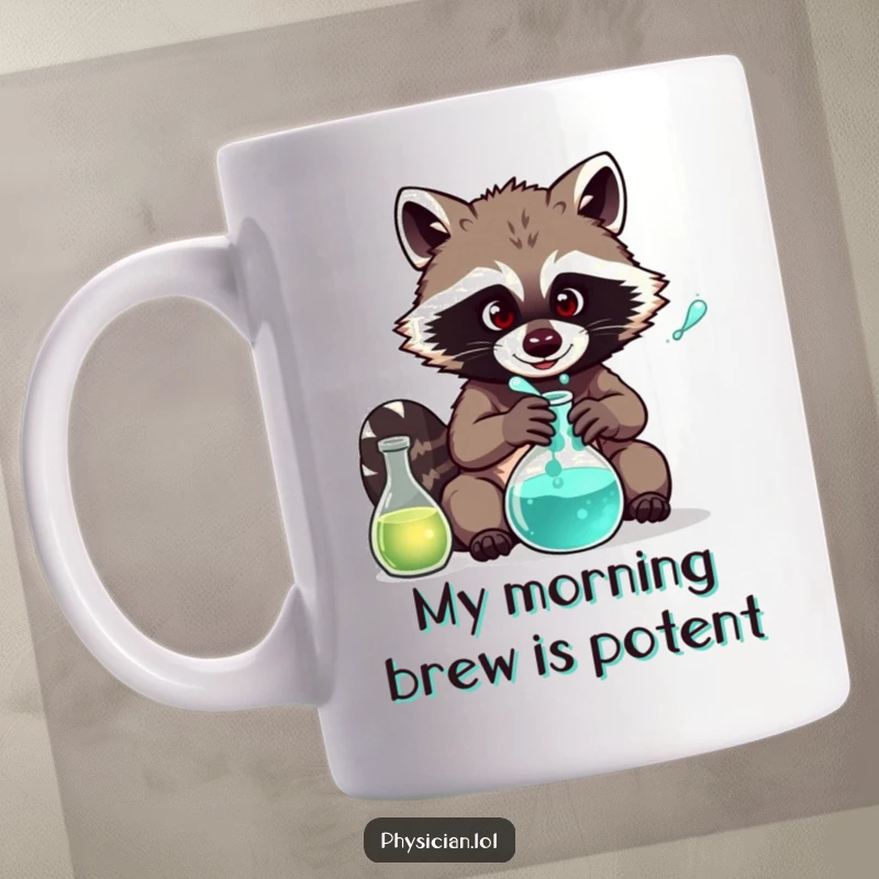 Funny Raccoon Chemist Mug: Mischievous raccoon brewing a bubbling potion in a lab beaker, a comical science experiment theme.