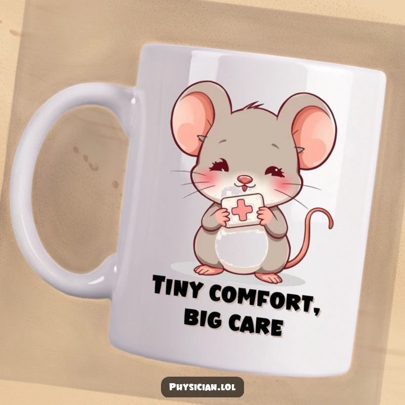 Funny shy mouse mug, offering a small bandage with a kind expression, caring and gentle theme, adorable and humorous.
