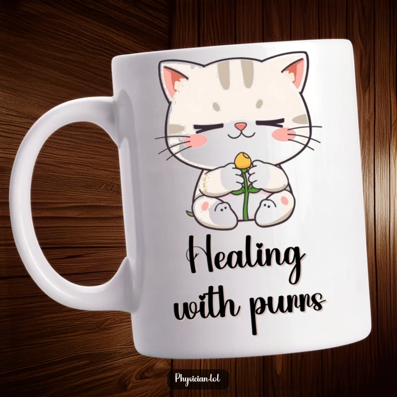 Funny mug graphic of a determined cat character carefully bandaging a tiny, smiling sprout, depicting cute and humorous plant care.