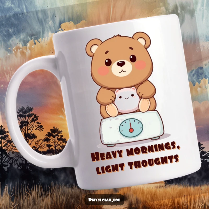 Funny bear vet mug, a proud bear carefully weighing a small patient on a doctor's scale with gentle humor.