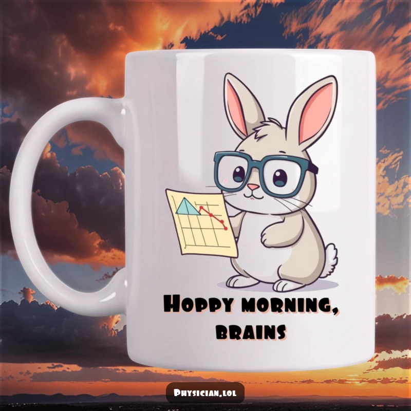 Funny rabbit scientist mug with a curious bunny wearing oversized glasses, intently studying a complex chart, academic humor.