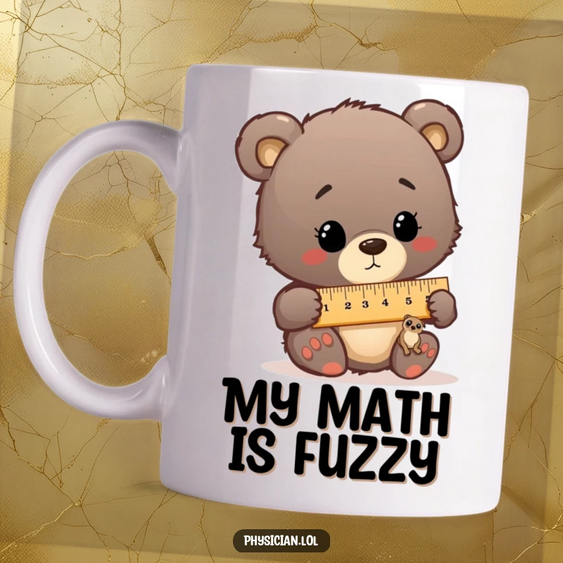 Funny bear cub measuring a tiny patient with an oversized ruler on a mug, showcasing a humorous vet theme.