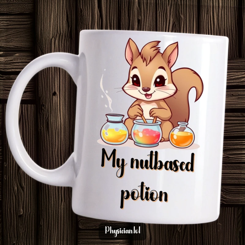 Funny squirrel with intense focus, blending a vibrant, bubbly potion in a lab setting, perfect for a humorous gift.