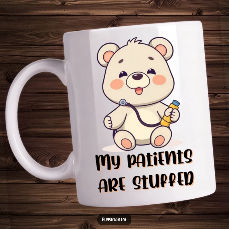 Funny Doctor Bear Mug featuring a joyful bear in a stethoscope, listening intently to a toy, radiating kindness and humor.