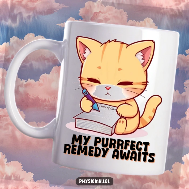 Funny Mug: A determined cat intently writing a prescription on a tiny notepad with a serious, focused expression.
