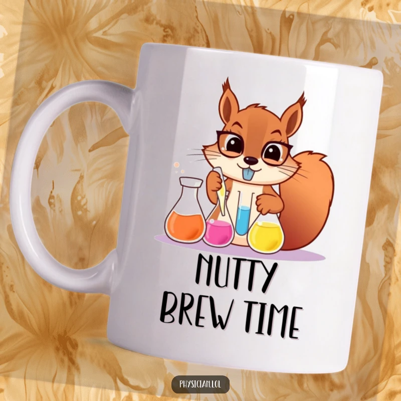 Funny determined squirrel scientist mug, a squirrel mixing colorful liquids in beakers, geeky science humor gift.