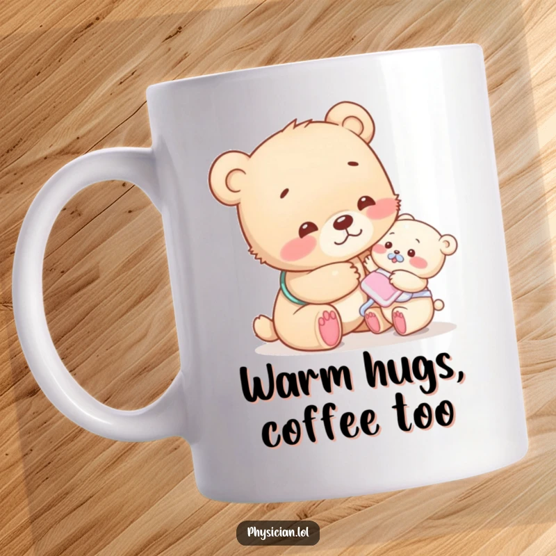 Funny bear cub mug depicting a compassionate cub gently patting a tiny patient, radiating warmth and humor.