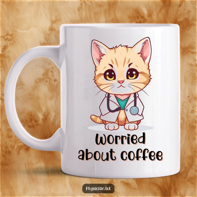 Funny mug featuring a tiny kitten dressed as a doctor, wearing a white coat and looking with deep concern at the viewer.