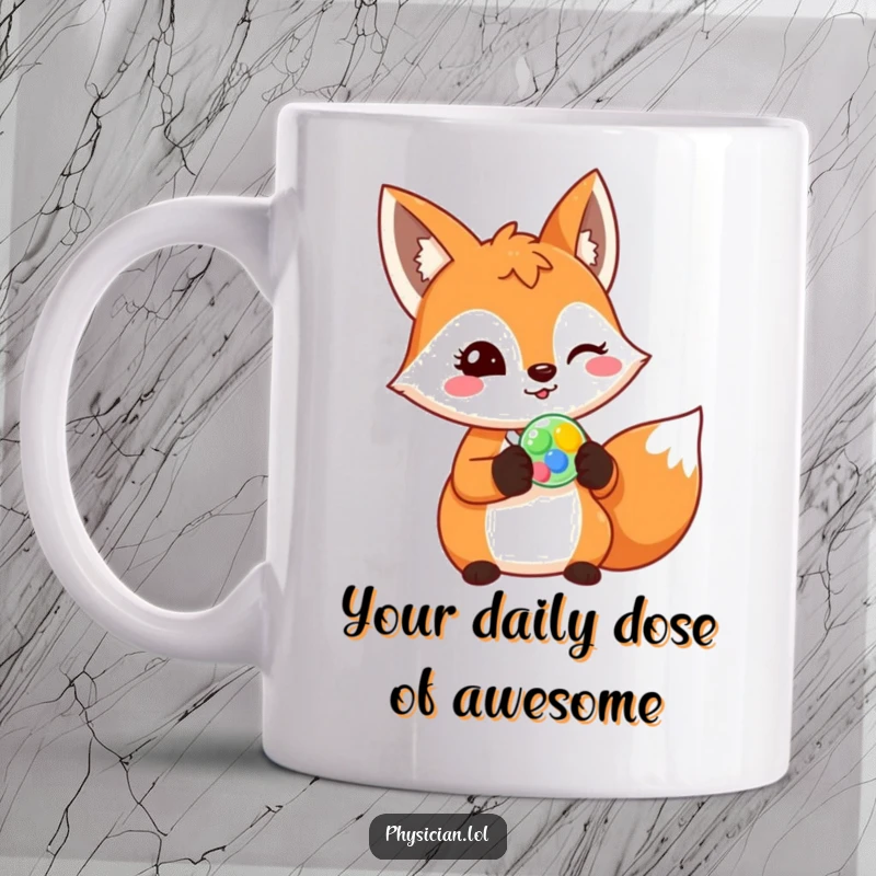 Funny fox doctor mug, cheerful fox prescribing a colorful pill with a wink, quirky medical design, humorous animal character.