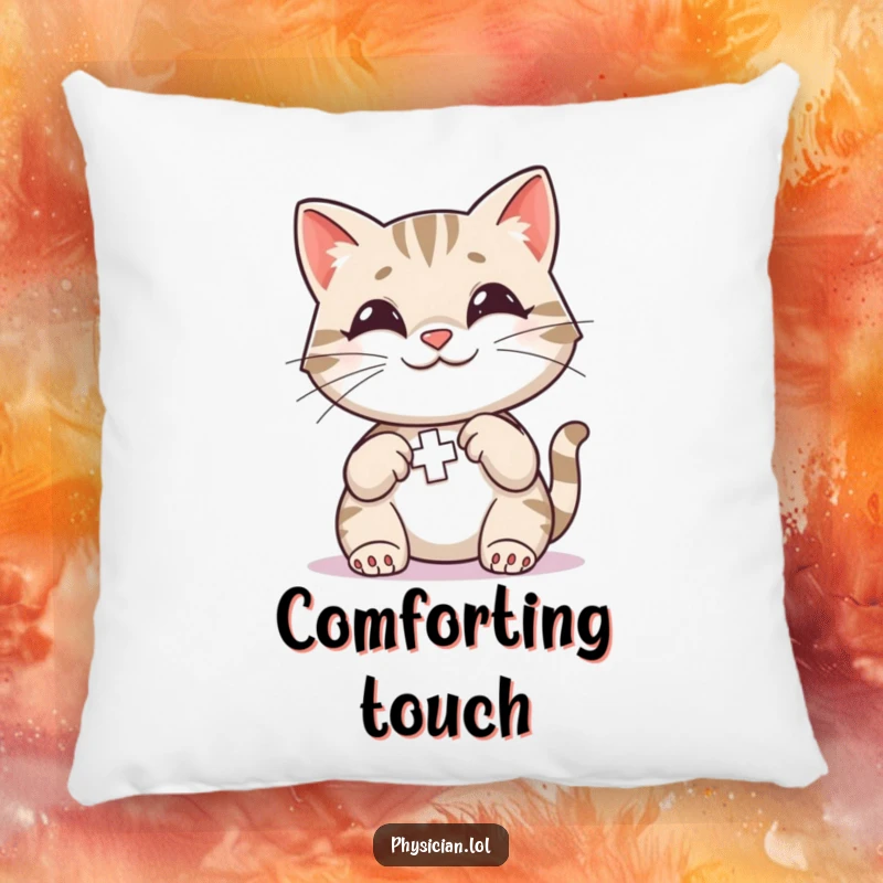 Funny Cat First Aid Pillow featuring a smiling cat administering a bandage, providing plush comfort and sweet, funny charm.