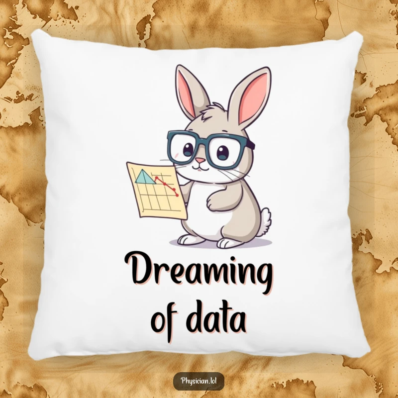 Funny rabbit study pillow showing a curious bunny in oversized glasses studying a chart, cozy and intellectually humorous.