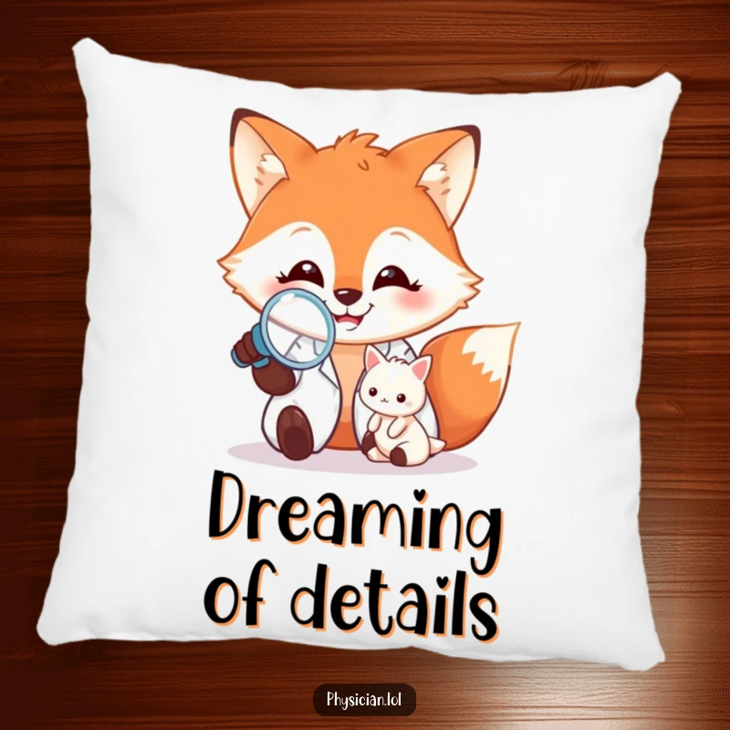 Funny Pillow: Soft cushion featuring a happy fox doctor examining a tiny patient with a magnifying glass, perfect for cozy humor.
