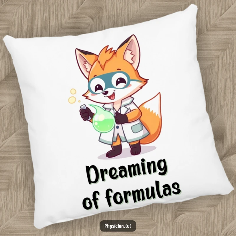 Funny Fox Scientist Pillow with a cheerful fox in a lab coat holding a glowing potion, offering comfort and scientific humor.