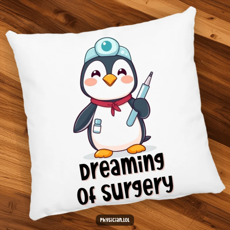 Funny proud penguin pillow: a soft cushion with a penguin doctor holding a medical instrument, symbolizing care and comfort.