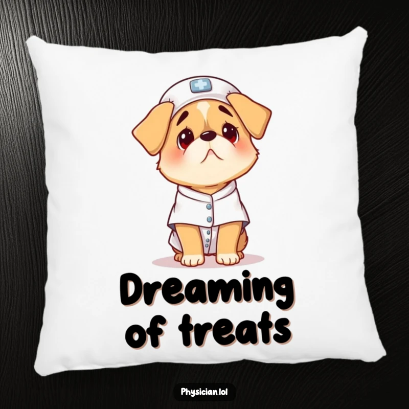 Funny scared dog pillow, a cute puppy in a patient gown looking anxious, soft and decorative cushion.
