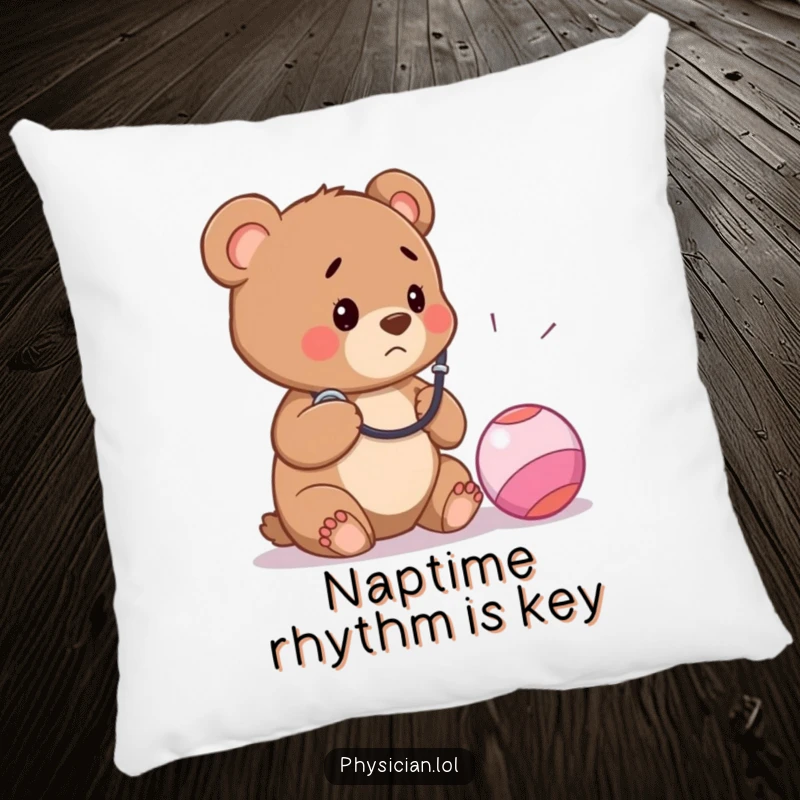 Funny decorative pillow with a concerned bear cub doctor listening to a bouncy ball with a stethoscope, adding humorous charm to any room.