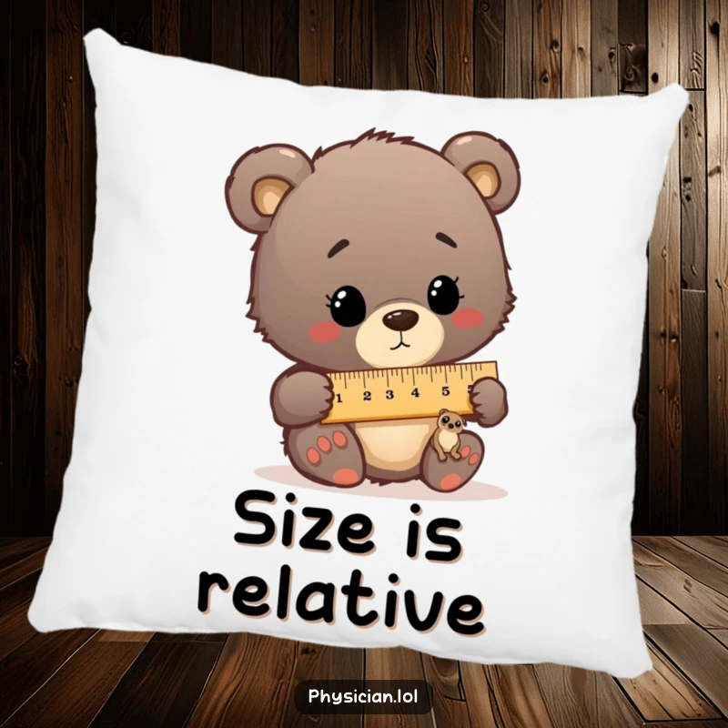 Funny decorative pillow showcasing a bear cub doctor humorously measuring a tiny patient with a comically large ruler.