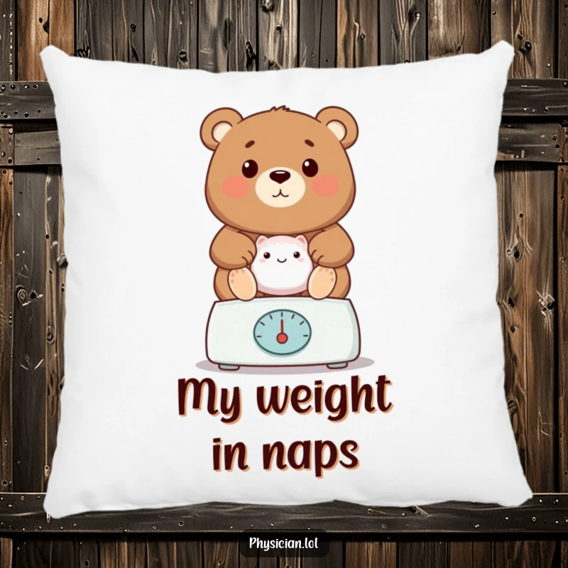 Funny bear pillow, showing a proud bear vet weighing a patient, offering cozy comfort and humorous veterinary charm.