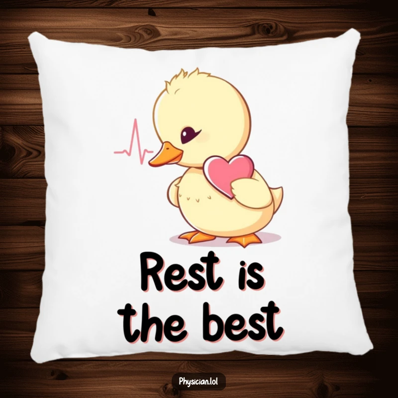 Funny wobbly duckling doctor pillow design, stethoscope in place, listening to a heartbeat, a cozy and humorous addition.