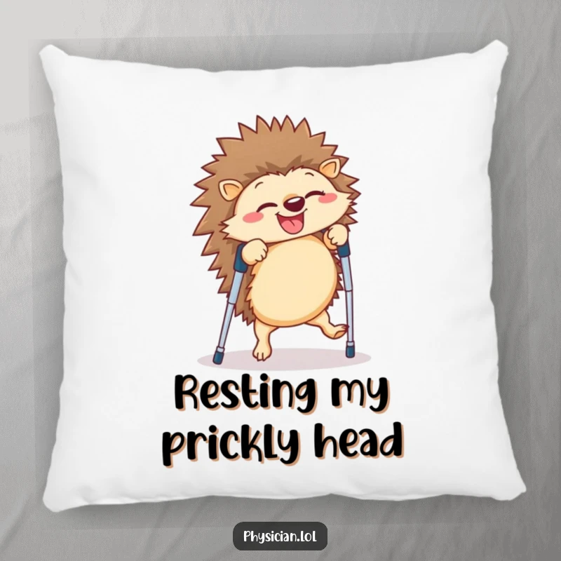 Funny hedgehog pillow displaying a giggling creature attempting a cartwheel on crutches, bringing a touch of whimsical humor to any room.