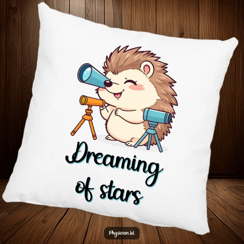 Funny pillow featuring a giggling hedgehog using a miniature telescope, perfect for cozying up and dreaming of the stars.