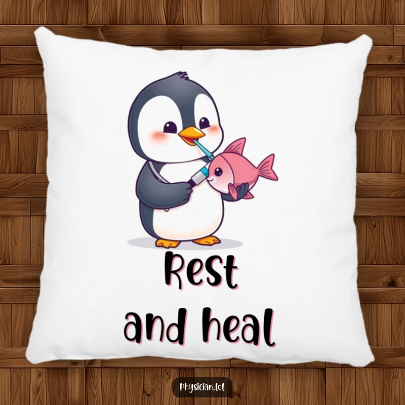 Funny penguin doctor pillow featuring a penguin doctor checking a fish's temperature, perfect for cozy comfort.