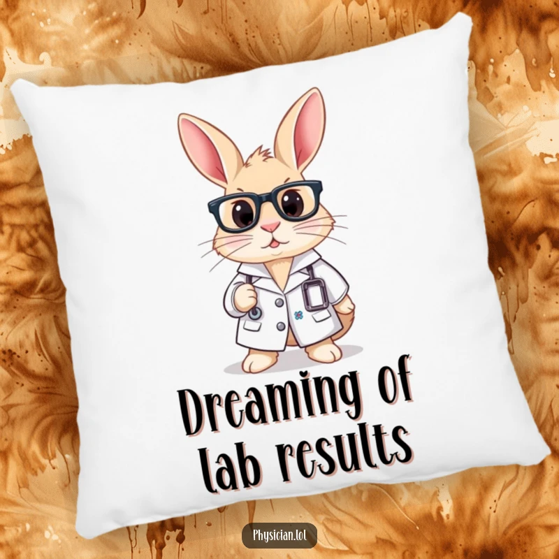 Funny pillow with a curious rabbit wearing a lab coat and glasses, offering comfort and a dose of playful scientific charm.