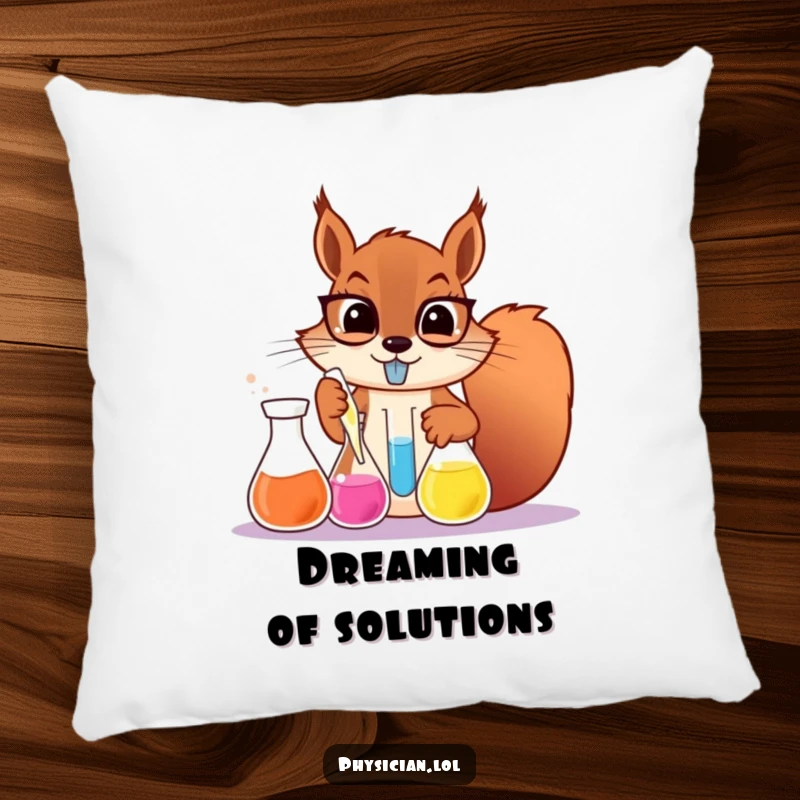 Funny determined squirrel scientist pillow, a squirrel mixing chemicals in beakers, soft and decorative cushion.