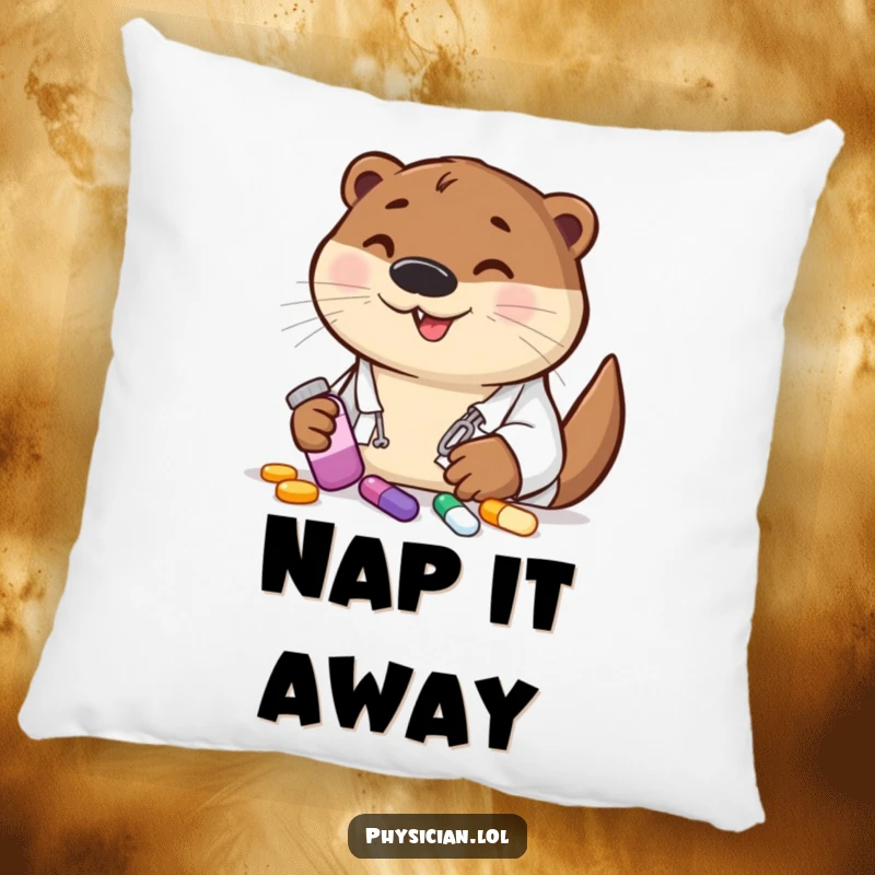 Funny otter doctor pillow design, soft and inviting, holding colorful pills, bringing humor to a couch or bed.