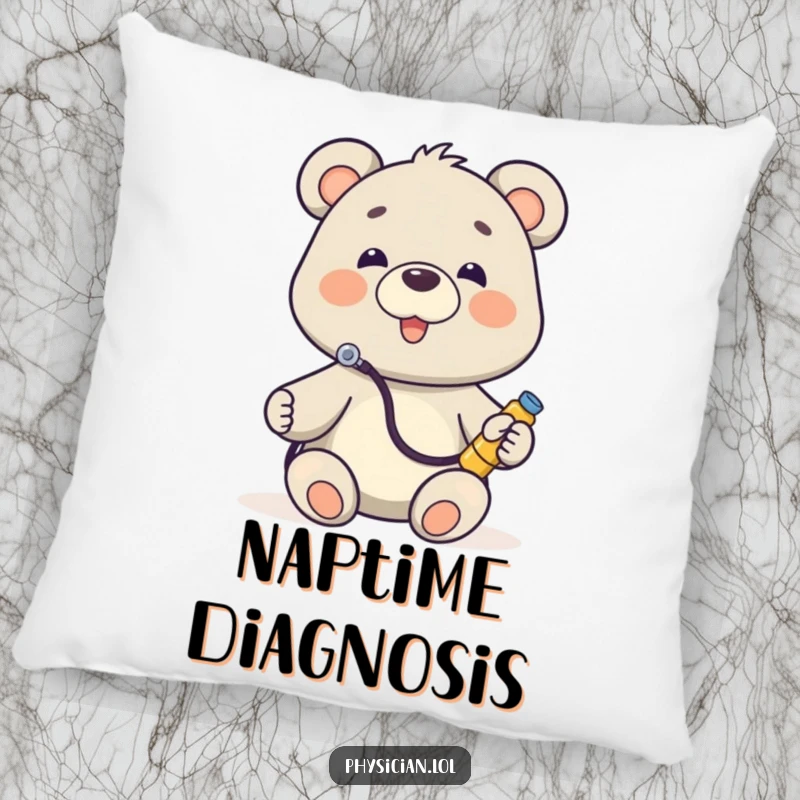 Funny Bear Doctor Pillow featuring a cute bear wearing a stethoscope, listening to a toy, providing comfort and a touch of humor.