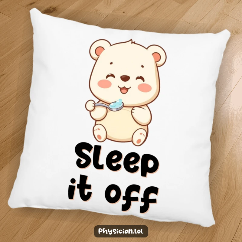 Funny bear medicine pillow with a beaming bear gracefully offering a spoonful of medicine, providing comfort and a humorous touch.