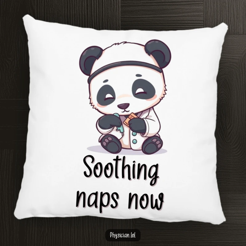 Funny pillow depicting a panda doctor gently applying a tiny bandage, offering soft comfort and humorous medical care.