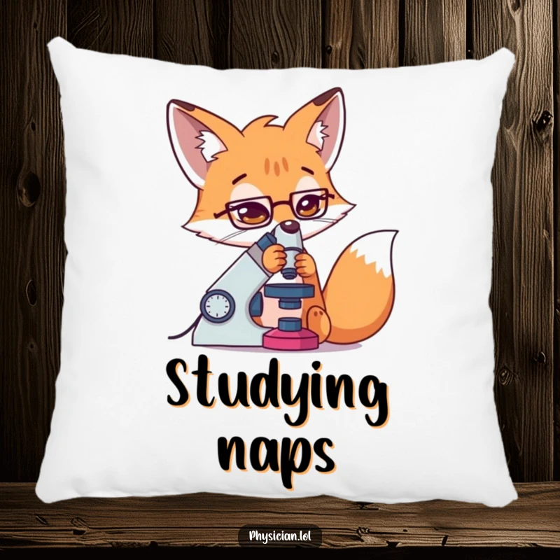 Funny Fox Pillow with a determined fox concentrating on a microscope, providing comfort and a dose of scientific humor.