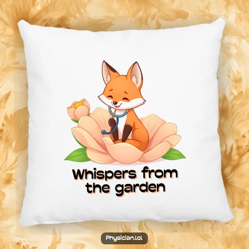 Funny fox listening to a giant flower with a stethoscope, designed as a soft and humorous pillow for comfort.