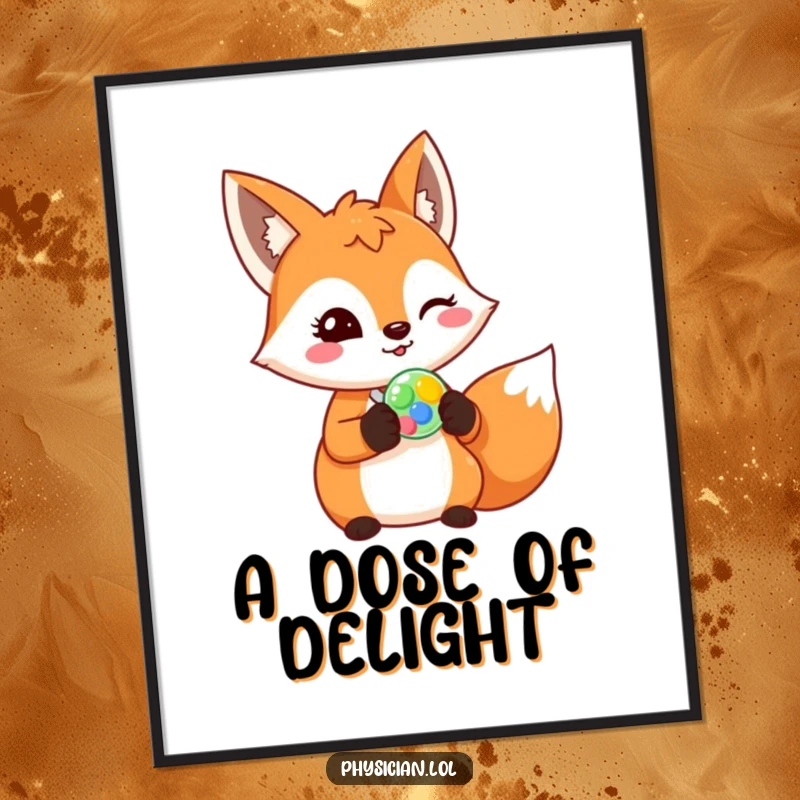 Funny fox digital art print, cheerful fox prescribing a colorful pill with a wink, quirky medical illustration, instant download.