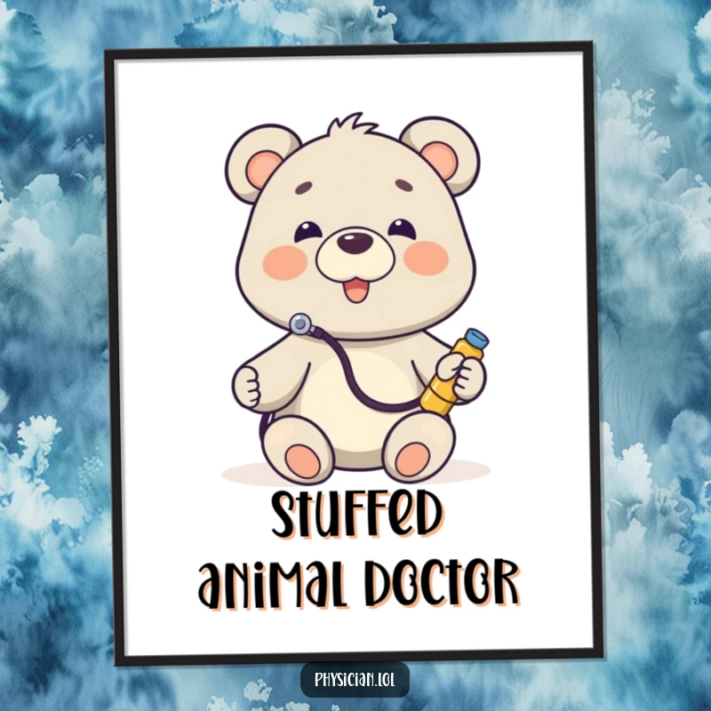 Funny Bear Doctor Digital Art Print of a happy bear with a stethoscope listening to a toy, ready to be printed and framed.