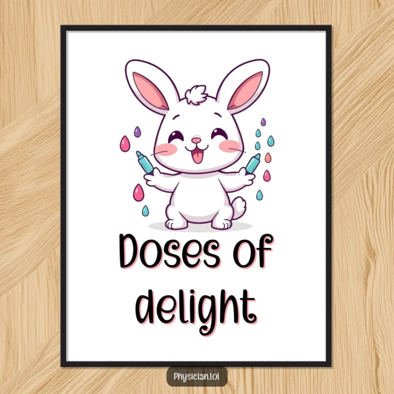 Funny digital art print of a cheerful bunny happily administering colorful drops, perfect humorous wall decor for an uplifting atmosphere.