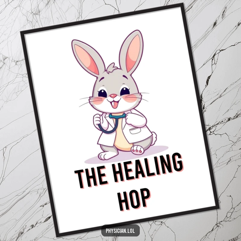 Funny digital art print of a cheerful bunny doctor using a stethoscope, offering instant humorous and heartwarming wall decor.