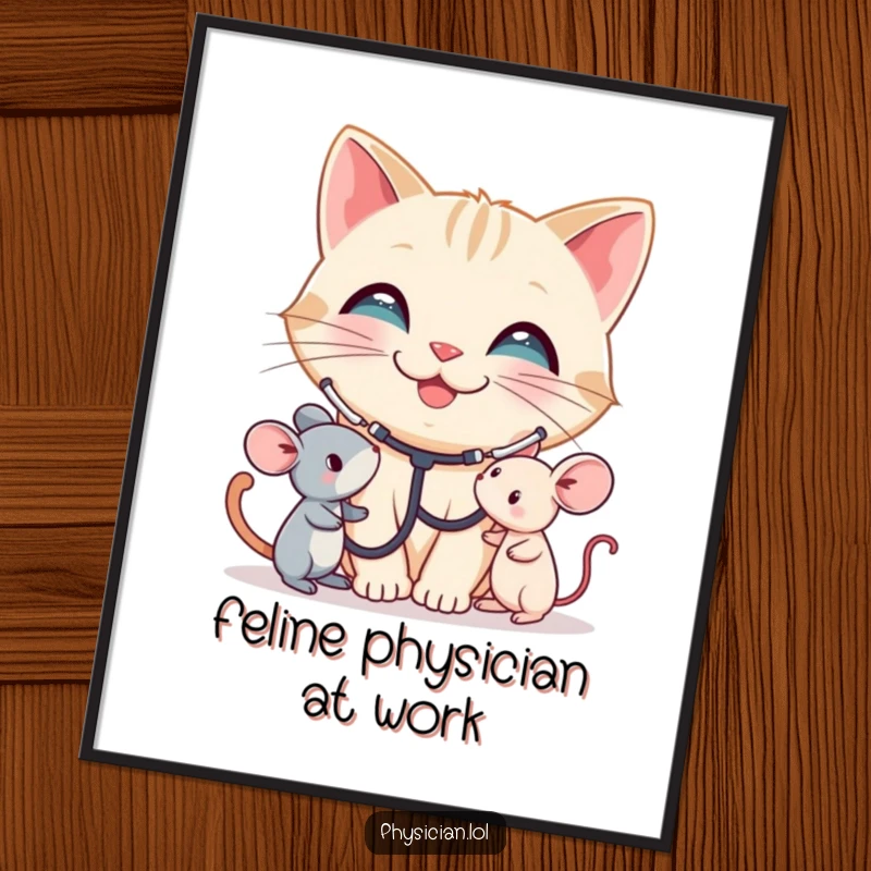 Funny Cat Digital Art: A smiling cat wearing a stethoscope listens to a toy mouse. This humorous printable wall art brings care, a funny gift.