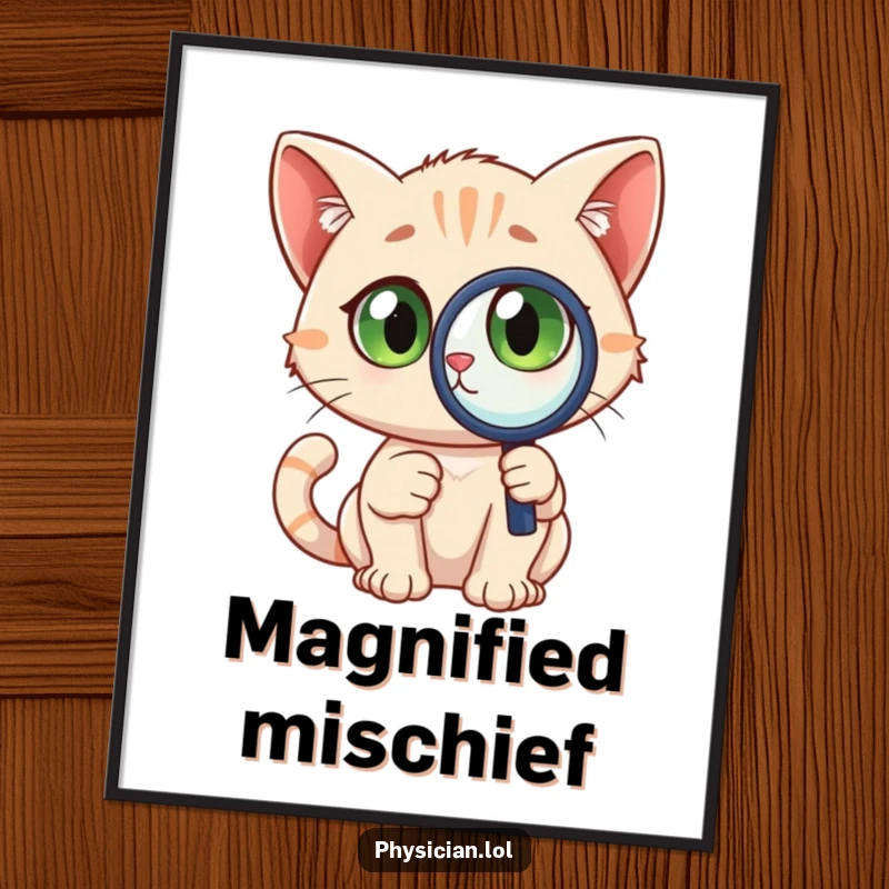 Funny Detective Cat Digital Art Print of a curious cat with wide eyes holding a magnifying glass, ready to be printed.