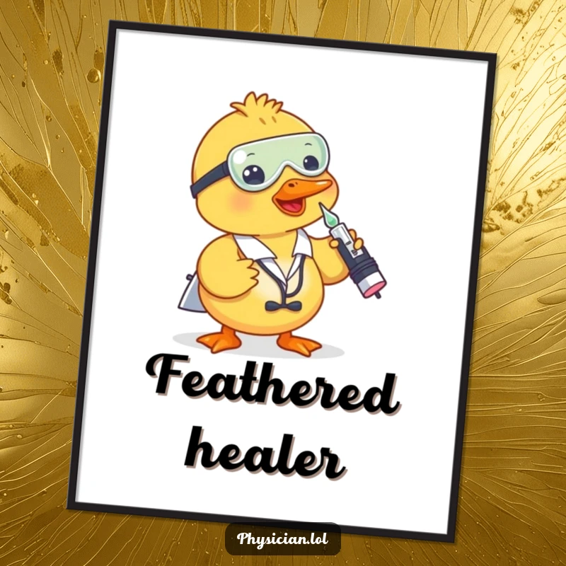 Funny duck doctor digital art print of a duck giving a shot from a dropper, ready for humorous wall decoration.