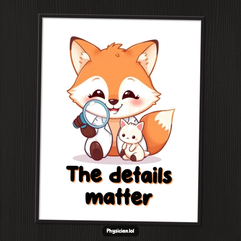 Funny Digital Art Print: Happy fox doctor examining a tiny patient with a magnifying glass, high-resolution humorous artwork for instant decor.
