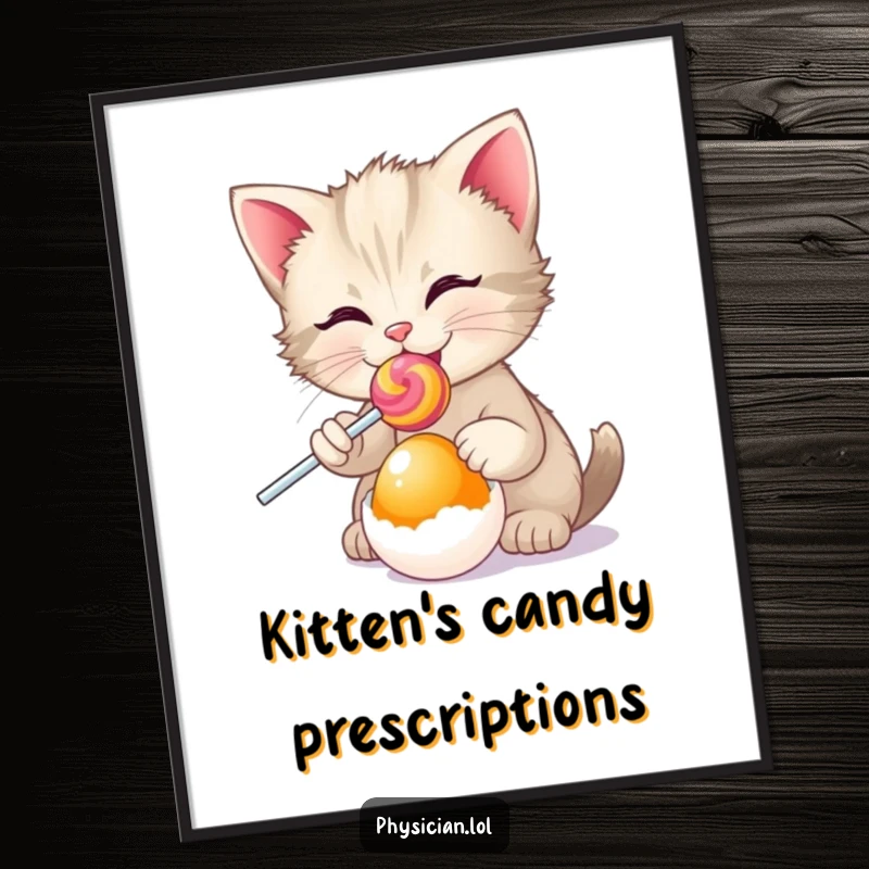 Funny happy kitten prescribing a colorful lollipop to an egg, as digital art, conveying sweetness and humor.
