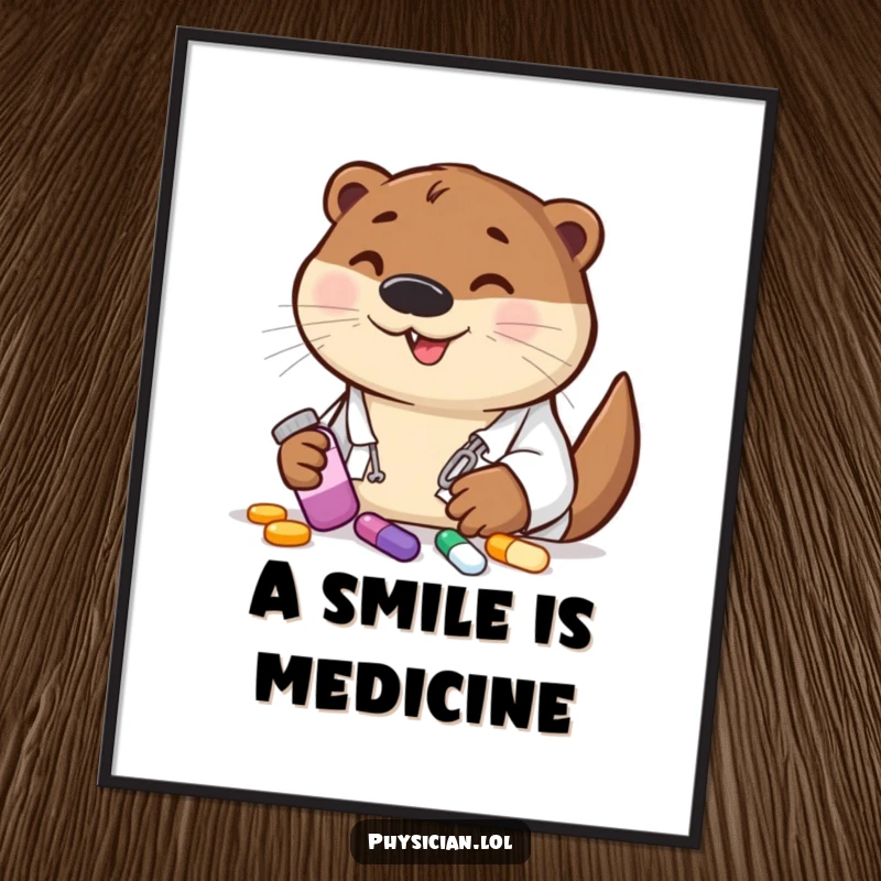 Funny otter doctor digital art print, offering colorful pills, a downloadable piece of cheerful decor with a humorous touch.