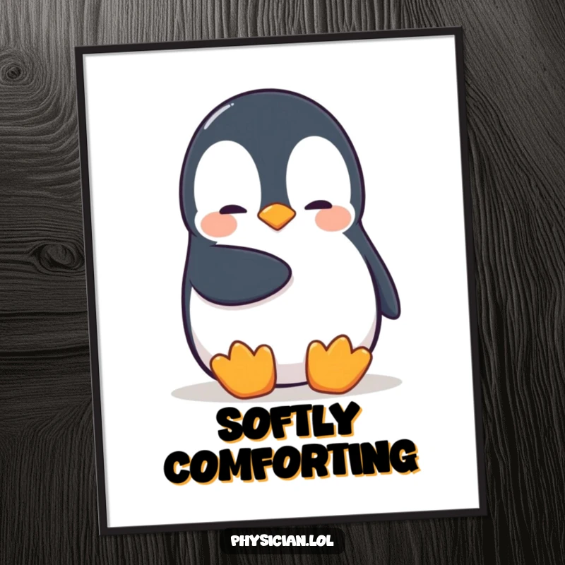 Funny Penguin Digital Art Print of a shy penguin giving a comforting pat, ideal for adding a touch of gentle humor instantly.