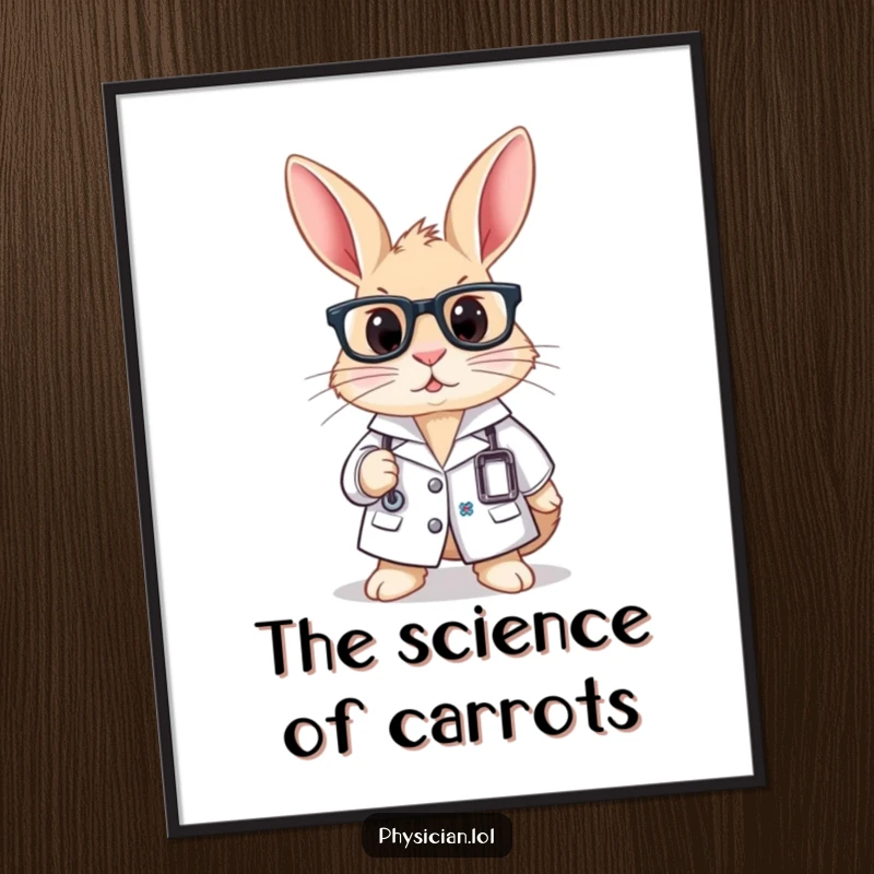 Funny digital art print of a curious rabbit wearing a lab coat and glasses, ideal for printable wall decor.
