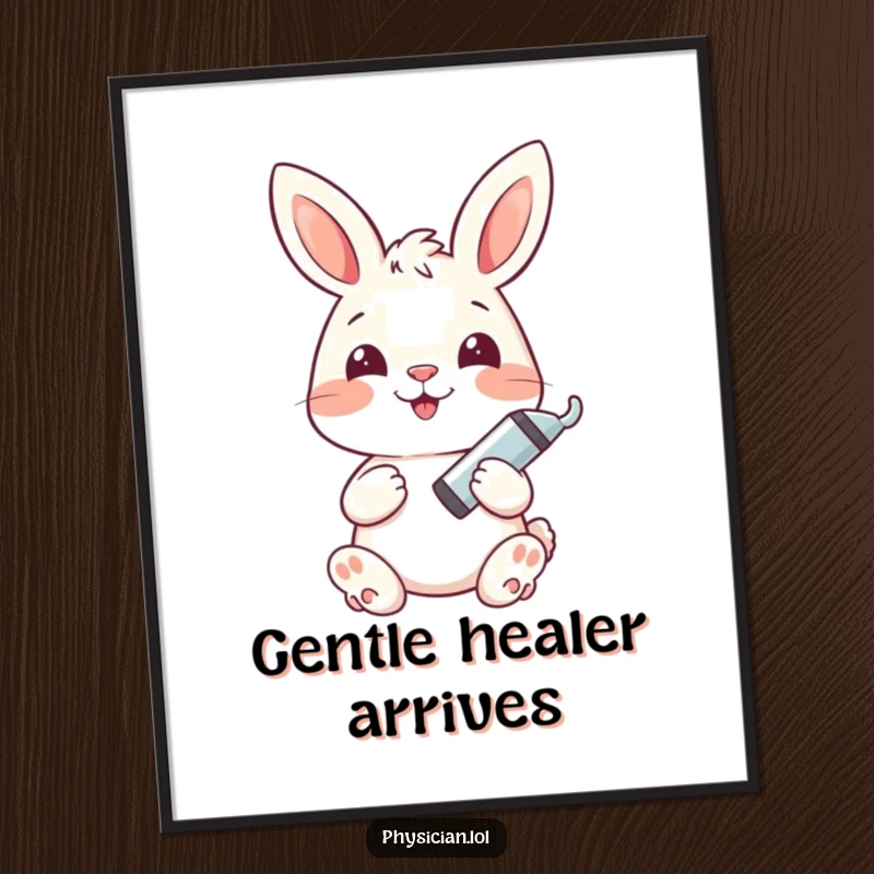 Funny bunny digital art print of a happy bunny holding a syringe, a humorous and cheerful wall decor piece.